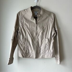 Beige Utility Jacket Womens Medium Cotton Zip Front Military Style Lightweight
